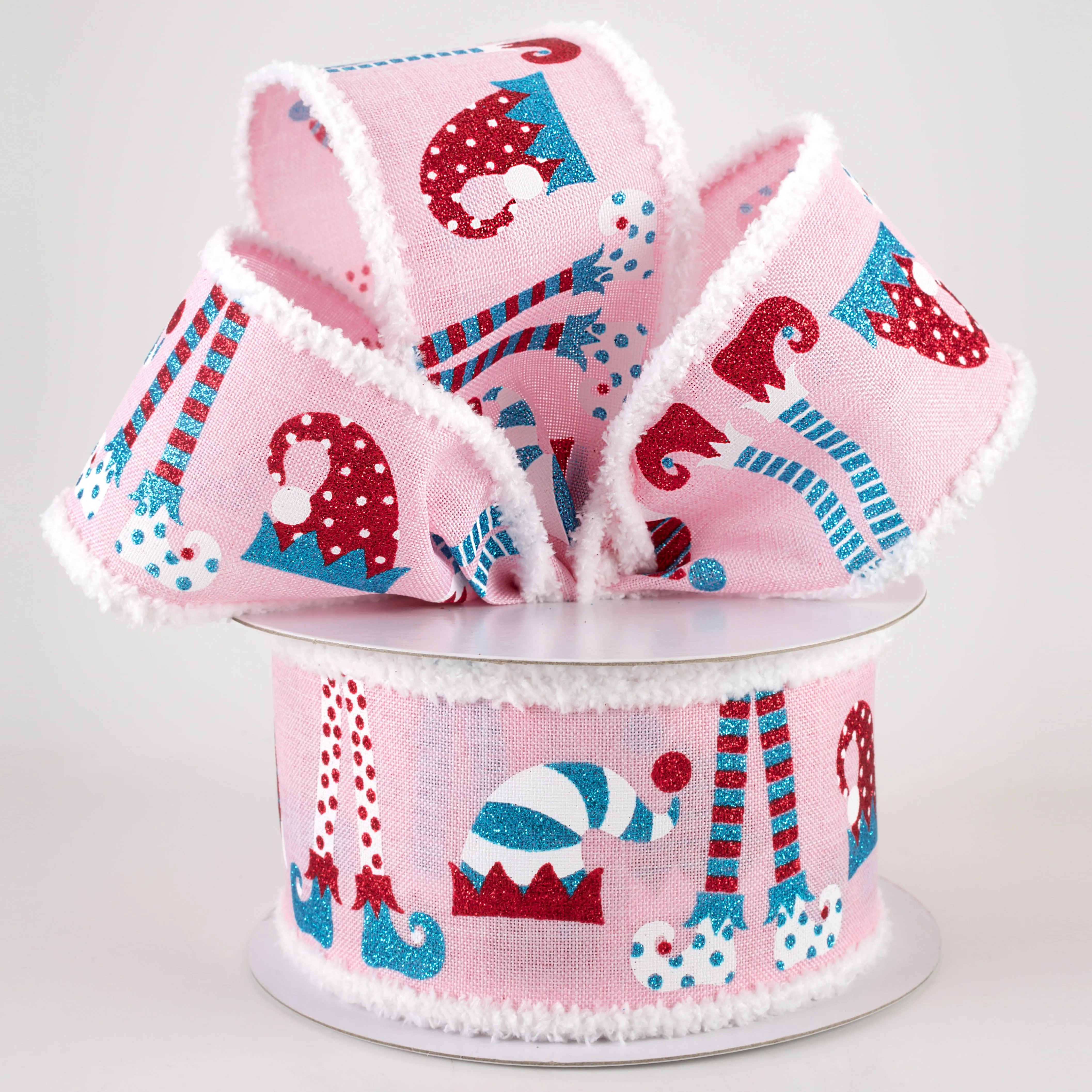 2.5" Elf Hats & Legs Fuzzy Edge Ribbon: Light Pink (10 Yards)