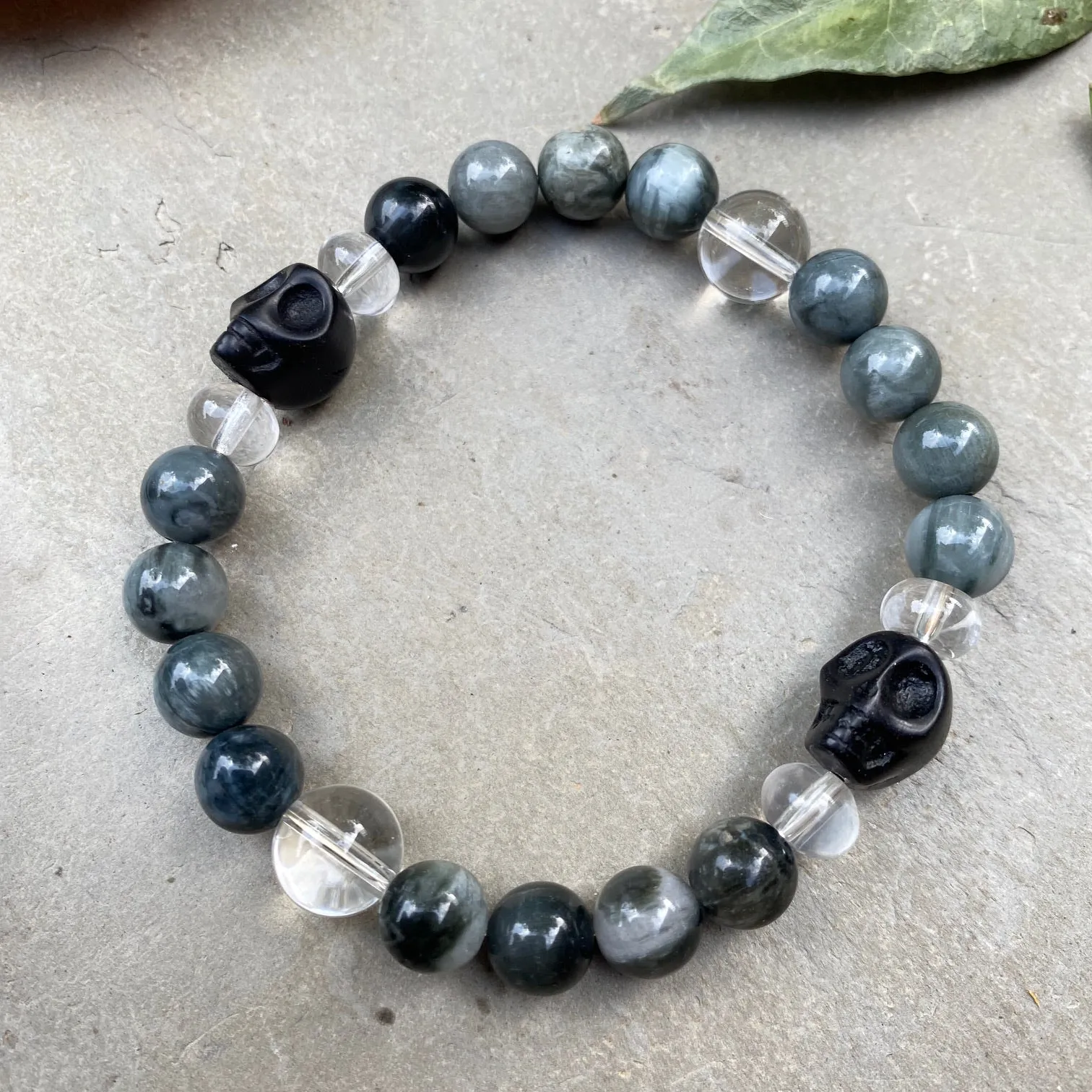 Hawk Eye Grey Tiger’s Eye, Quartz, Howlite Gemstone Skulls