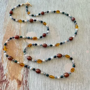 Long Pearl & Amber Necklace